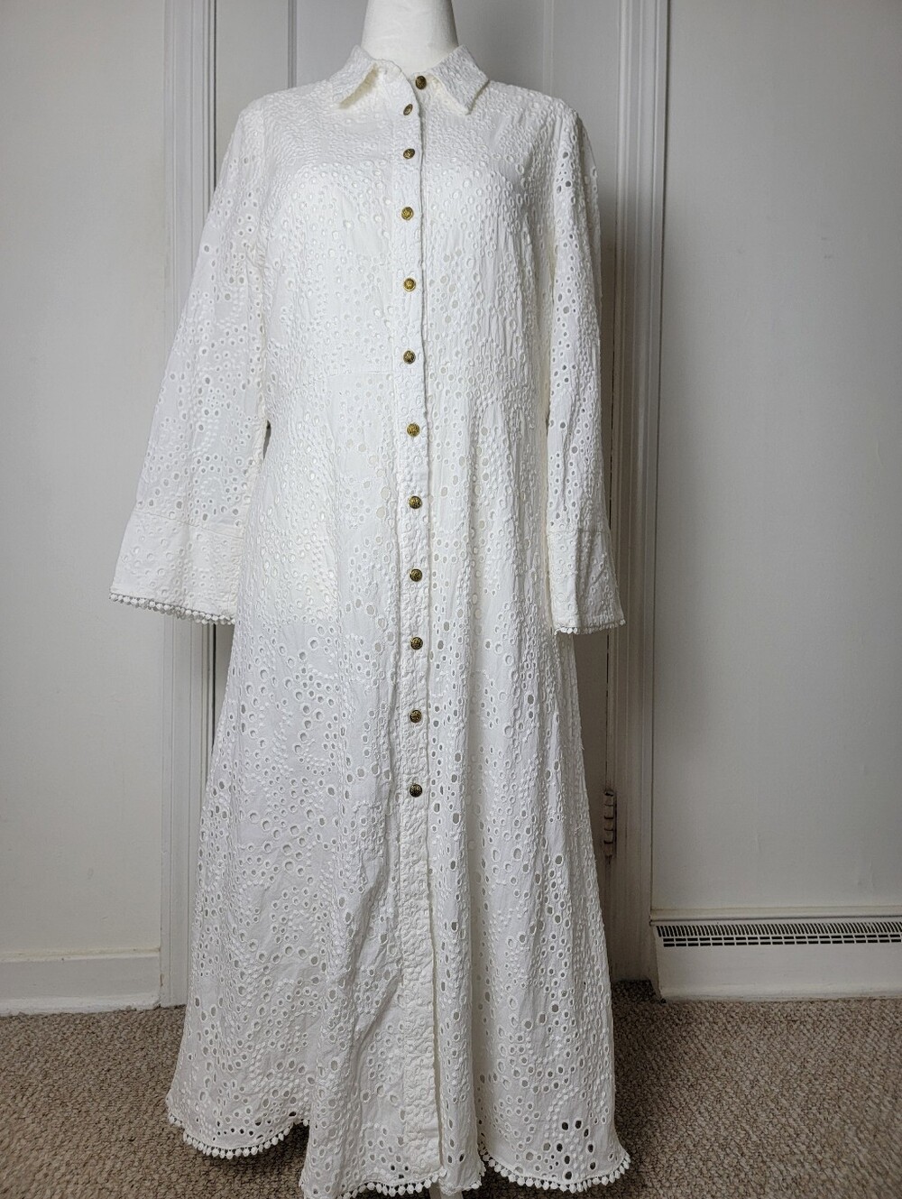 Zara 46"L Midi White Dress Metal Buttons Embroidered Eyelets Belt, Lined, Sz XL - Picture 3 of 16
